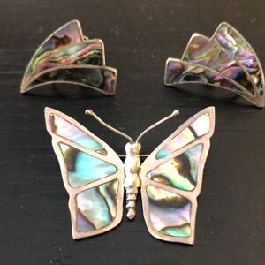 Vintage Mexican Sterling Silver and Abalone Butterfly Brooch and Earring Set